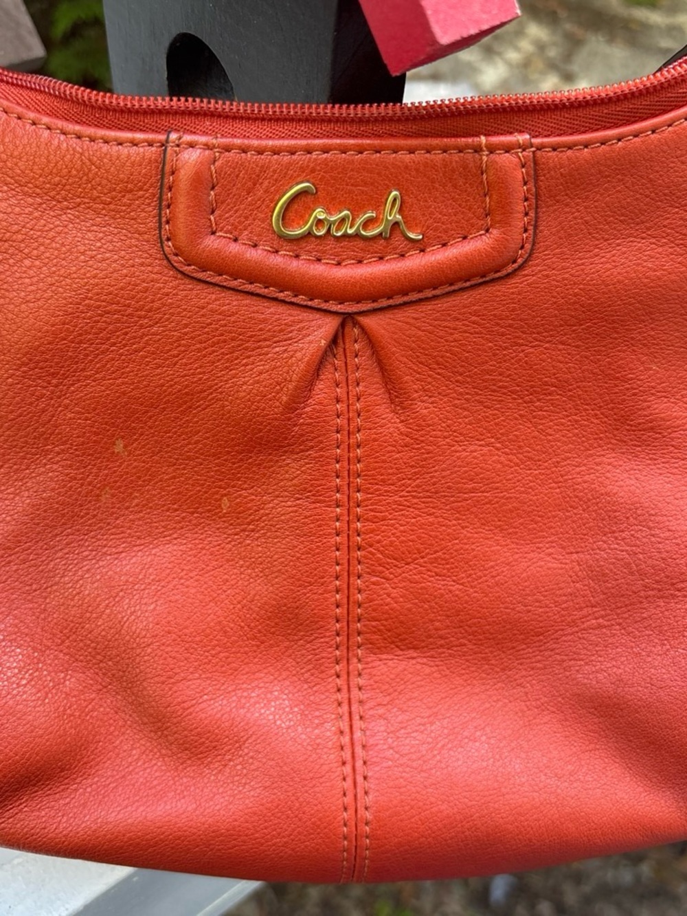 Coach Orange-Red Leather Shoulder Bag with Gold Script Logo